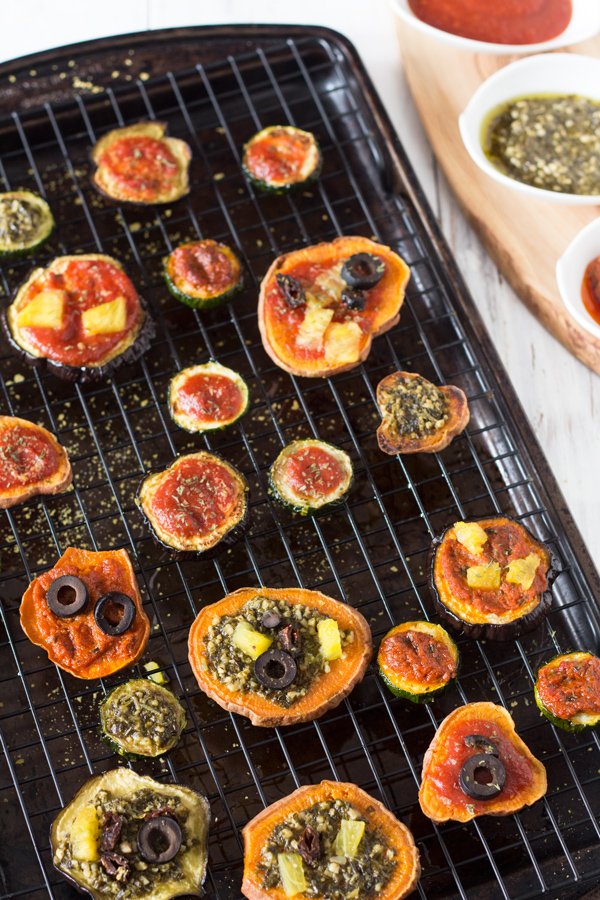 Roasted veggie pizza bites with sweet potato, zucchini and eggplant via @ExSloth | ExSloth.com