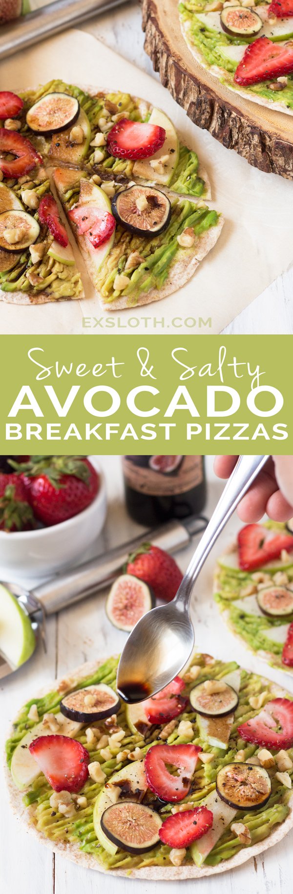Sweet & Salty Avocado Breakfast Pizza with strawberries, apples, figs, walnuts & balsamic vinegar (Vegan) via @ExSloth | ExSloth.com