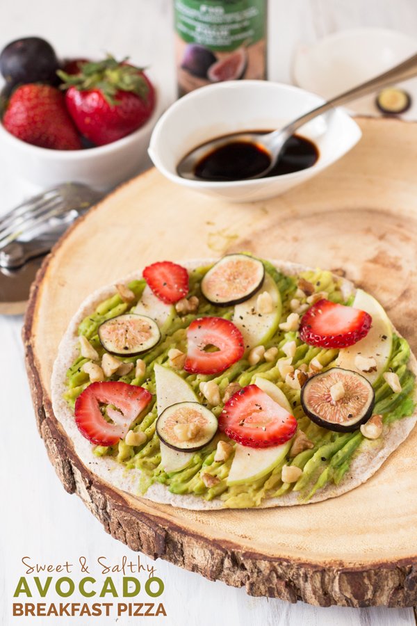 Sweet & Salty Avocado Breakfast Pizza with strawberries, apples, figs, walnuts & balsamic vinegar (Vegan) via @ExSloth | ExSloth.com