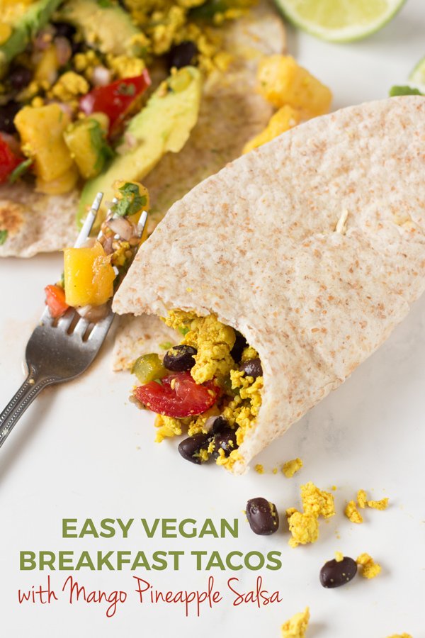 These vegan breakfast tacos are filling and flavourful, especially when topped with this super simple mango pineapple salsa via @ExSloth | ExSloth.com
