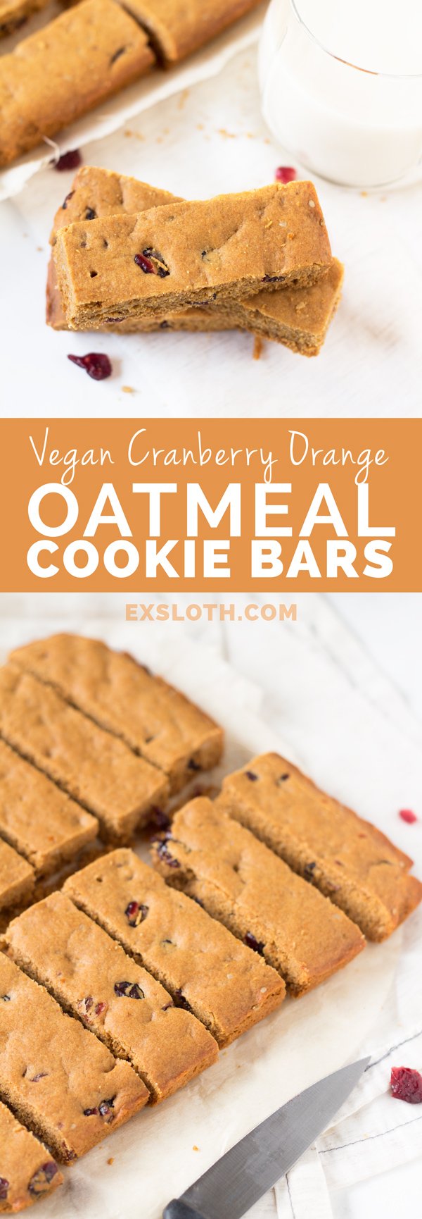 Crunchy Vegan Cranberry Orange Oatmeal Cookie Bars that are sweet and tart and perfect for a healthy afternoon snack via @ExSloth | ExSloth.com