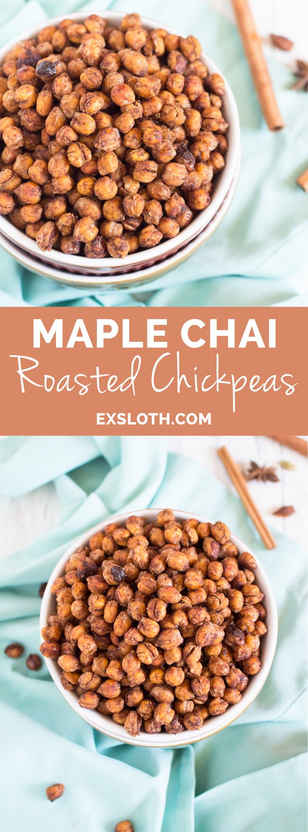 These crunchy protein-filled vegan maple chai roasted chickpeas are slightly sweet, subtly spiced and the perfect healthy snack for munching. via @ExSloth | ExSloth.com