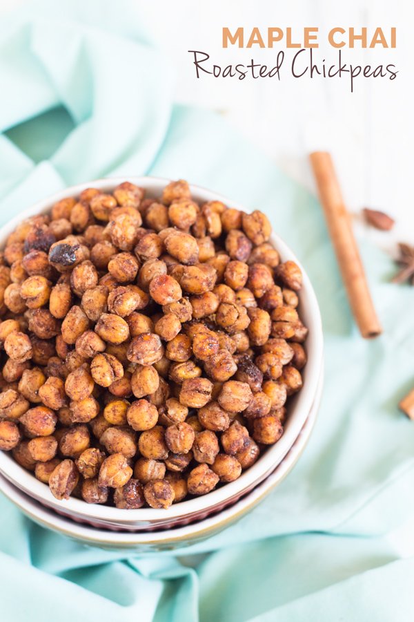 These crunchy protein-filled vegan maple chai roasted chickpeas are slightly sweet, subtly spiced and the perfect healthy snack for munching. via @ExSloth | ExSloth.com