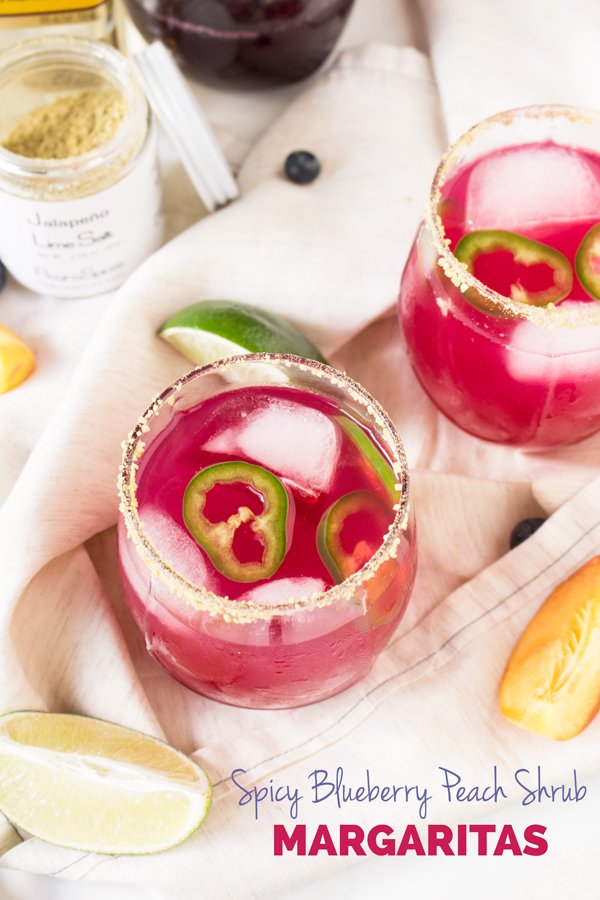 spicy blueberry peach shrub margaritas (healthy cocktail with drinking vinegars) @ExSloth | ExSloth.com