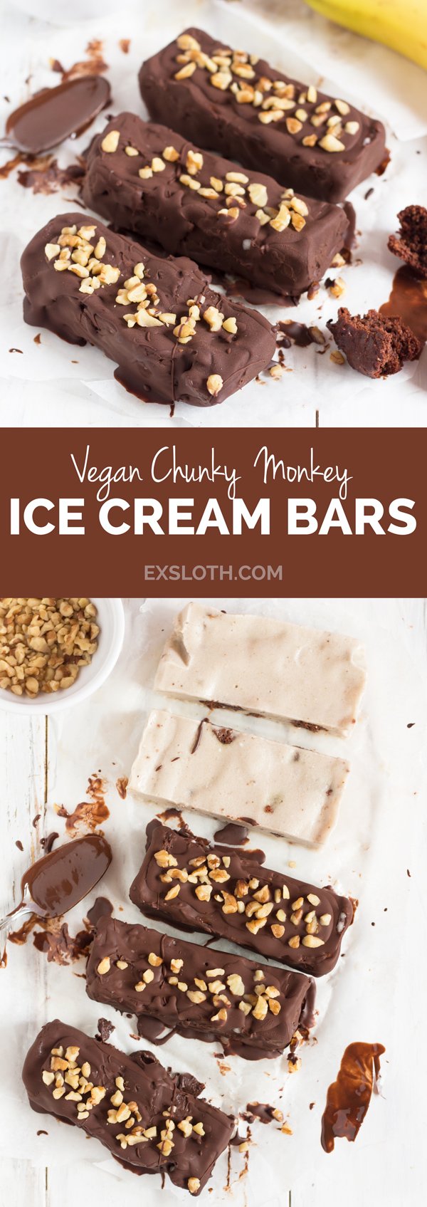 Vegan Chunky Monkey Ice Cream Bars (Klondike bars with banana ice cream, brownie bits, walnuts & chocolate) via @ExSloth | ExSloth.com