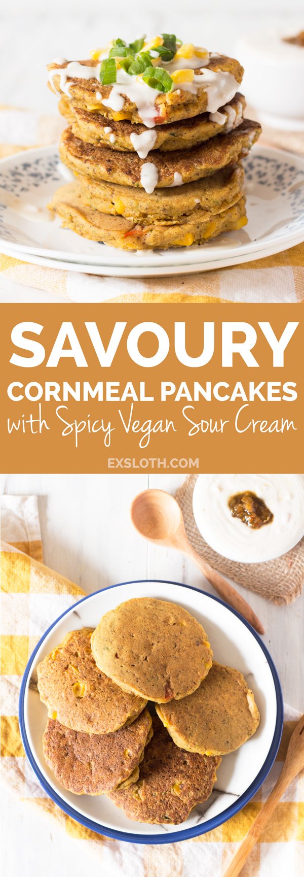 Zucchini Corn Savoury Pancakes (cornmeal pancakes) with spicy vegan sour cream. Perfect for breakfast, lunch and dinner. via @ExSLoth | ExSloth.com