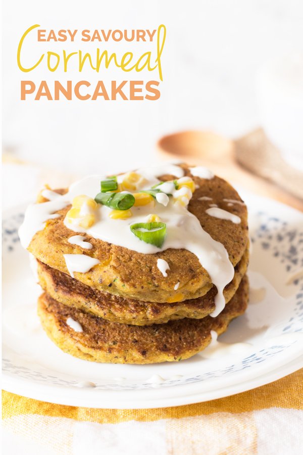 Zucchini Corn Savoury Pancakes (cornmeal pancakes) with spicy vegan sour cream. Perfect for breakfast, lunch and dinner. via @ExSLoth | ExSloth.com