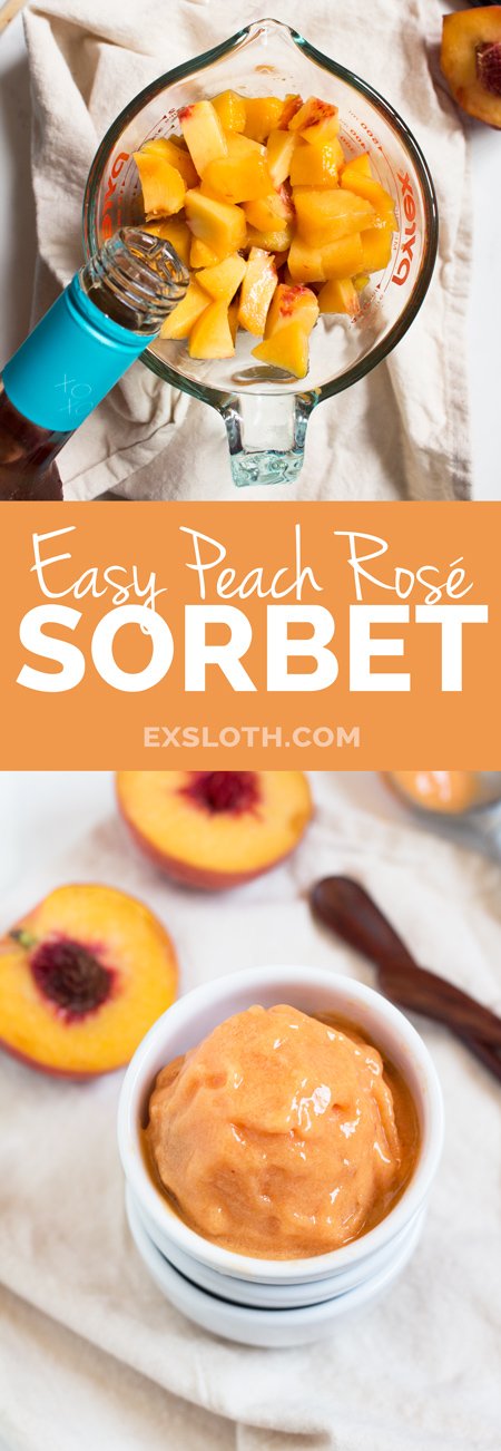 This creamy vegan peach rosé sorbet is perfectly sweet with a slight kick and doesn't require an ice cream maker via @ExSloth | ExSloth.com