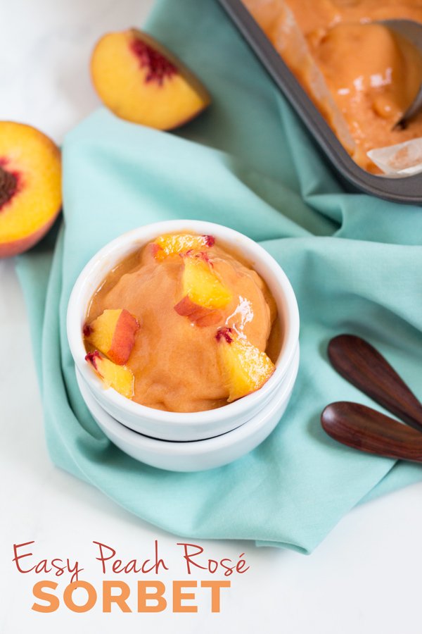 This creamy vegan peach rosé sorbet is perfectly sweet with a slight kick and doesn't require an ice cream maker via @ExSloth | ExSloth.com