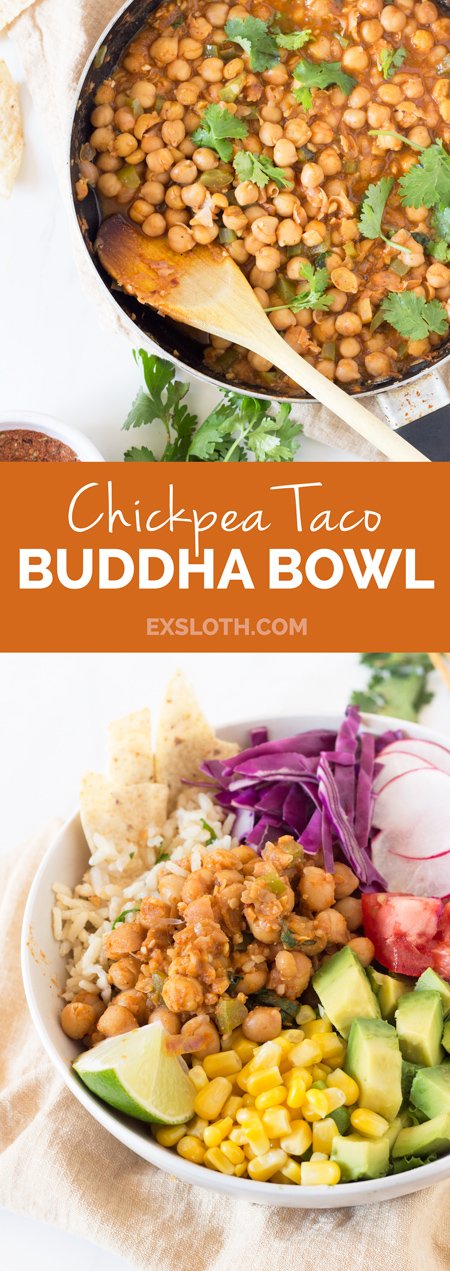 This vegan, gluten-free chickpea taco buddha bowl is subtly spiced, packed with flavour and unbelievably satisfying via @ExSloth | ExSloth.com