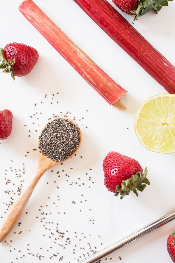 Easy vegan strawberry rhubarb chia seed drink (a.k.a. chia seeds in water with fruit juice) via @ExSloth | ExSloth.com