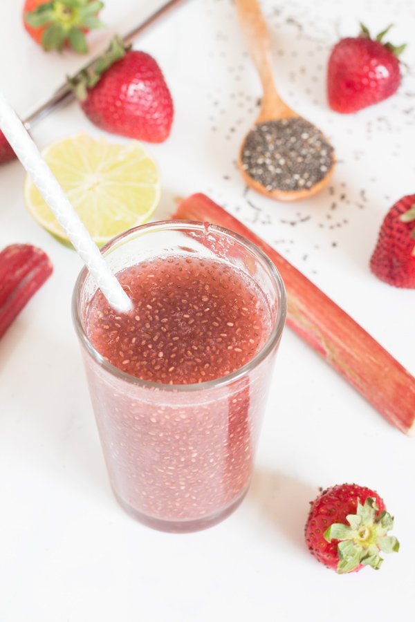 Easy vegan strawberry rhubarb chia seed drink (a.k.a. chia seeds in water with fruit juice) via @ExSloth | ExSloth.com