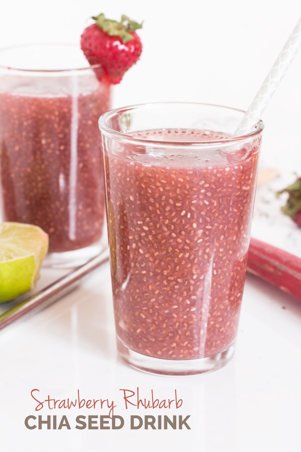 Easy vegan strawberry rhubarb chia seed drink (a.k.a. chia seeds in water with fruit juice) via @ExSloth | ExSloth.com