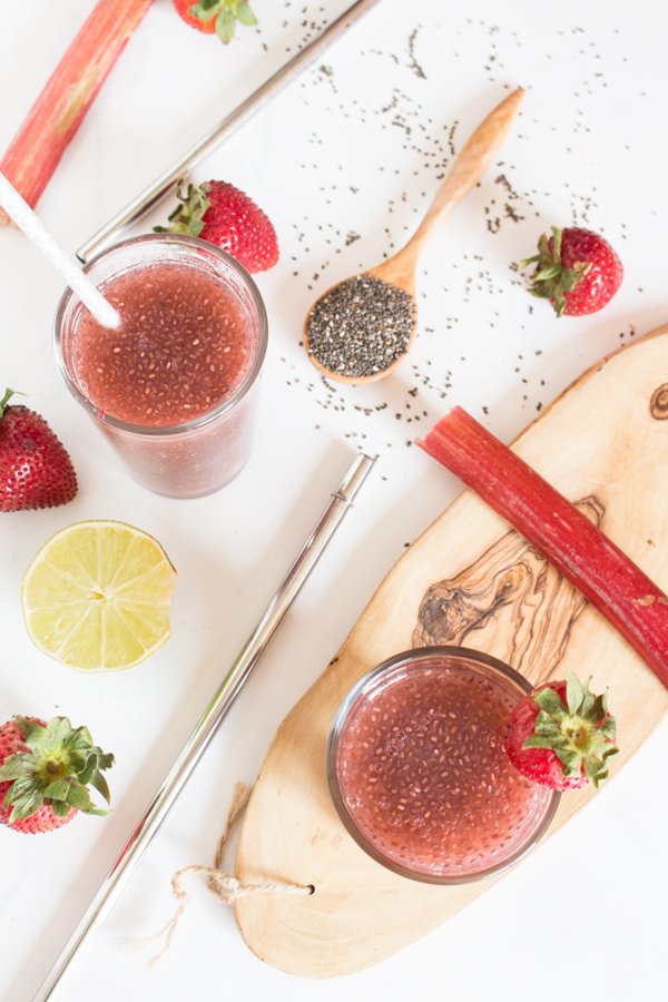 Easy vegan strawberry rhubarb chia seed drink (a.k.a. chia seeds in water with fruit juice) via @ExSloth | ExSloth.com