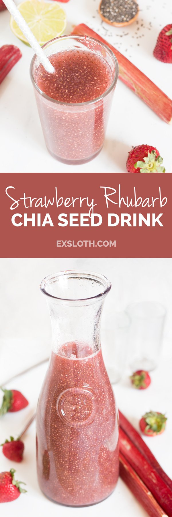 Easy vegan strawberry rhubarb chia seed drink (a.k.a. chia seeds in water with fruit juice) via @ExSloth | ExSloth.com