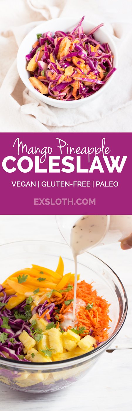 Easy Red Cabbage Tropical Mango Pineapple Slaw (adapted from the classic Caribbean coleslaw) Vegan, Gluten-Free via @ExSloth | ExSloth.com