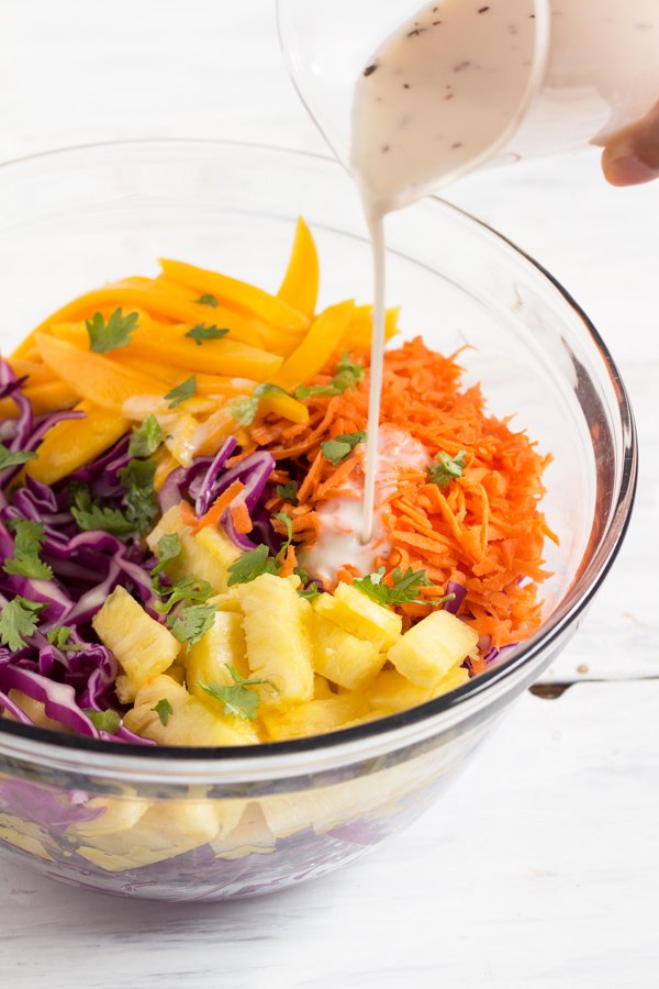Easy Red Cabbage Tropical Mango Pineapple Slaw (adapted from the classic Caribbean coleslaw) Vegan, Gluten-Free via @ExSloth | ExSloth.com