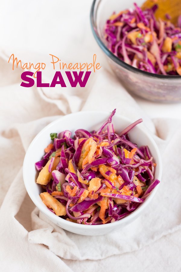 Easy Red Cabbage Tropical Mango Pineapple Slaw (adapted from the classic Caribbean coleslaw) Vegan, Gluten-Free via @ExSloth | ExSloth.com