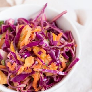 Easy Red Cabbage Tropical Mango Pineapple Slaw (adapted from the classic Caribbean coleslaw) Vegan, Gluten-Free via @ExSloth | ExSloth.com