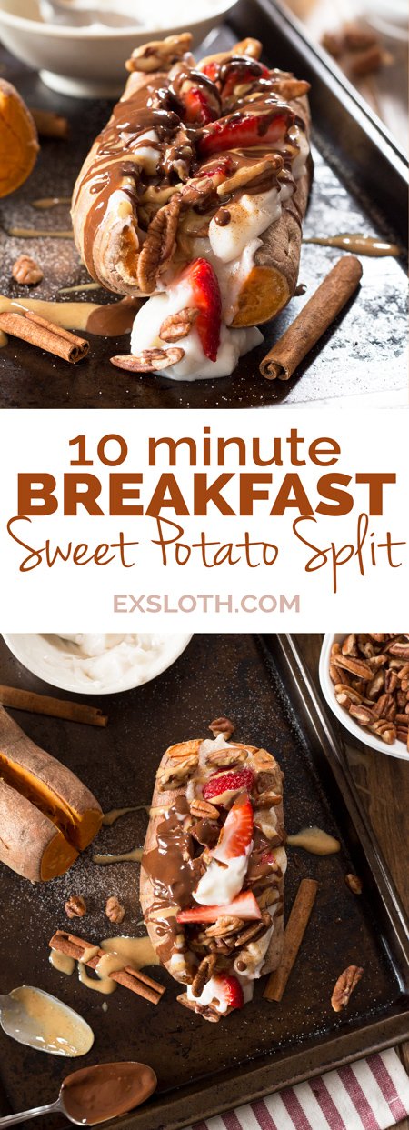 Easy 10 minute vegan breakfast sweet potato split (paleo-friendly, gluten-free) via ExSloth.com