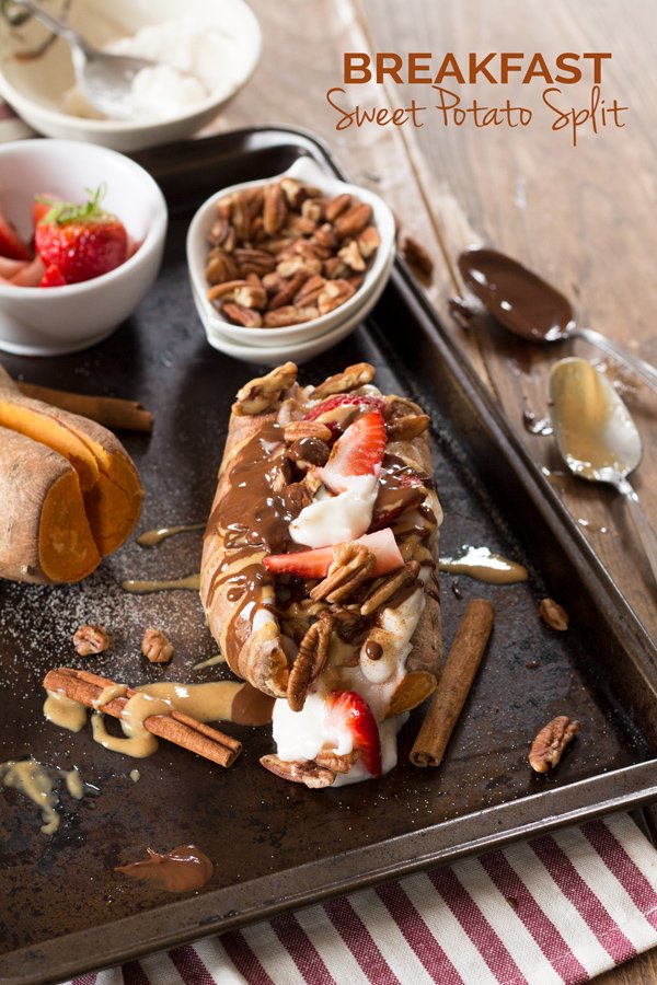 Easy 10 minute vegan breakfast sweet potato split (paleo-friendly, gluten-free) via ExSloth.com