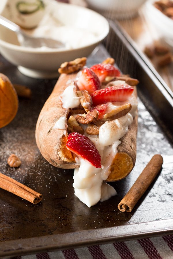 Easy 10 minute vegan breakfast sweet potato split (paleo-friendly, gluten-free) via ExSloth.com