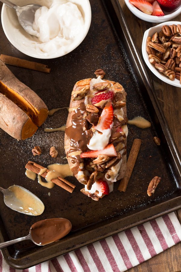 Easy 10 minute vegan breakfast sweet potato split (paleo-friendly, gluten-free) via ExSloth.com