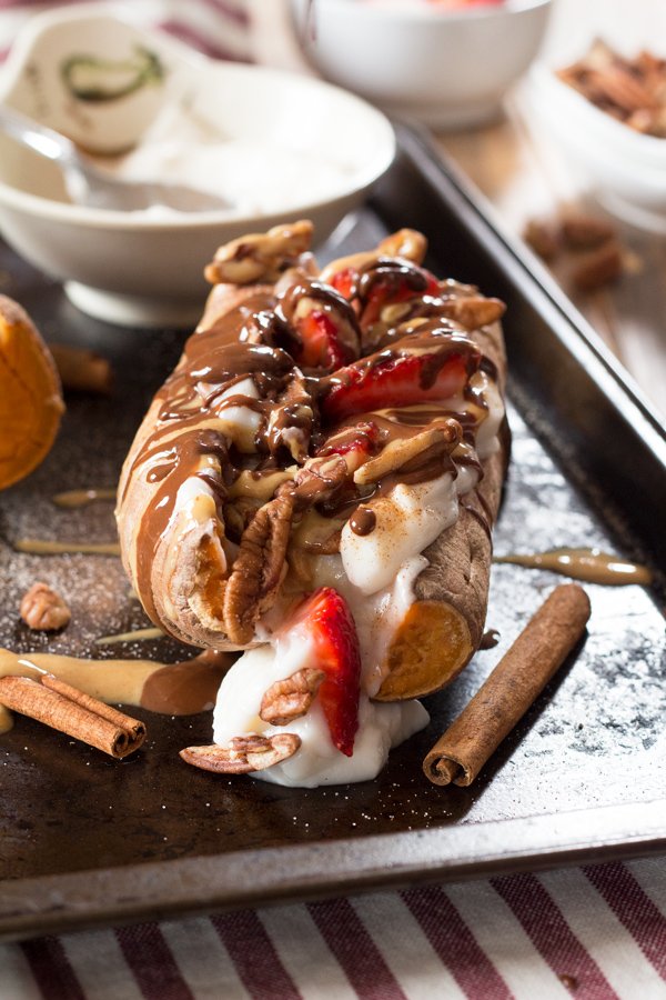 Easy 10 minute vegan breakfast sweet potato split (paleo-friendly, gluten-free) via ExSloth.com