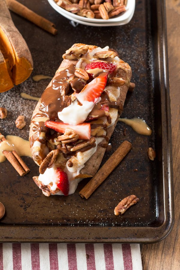 Easy 10 minute vegan breakfast sweet potato split (paleo-friendly, gluten-free) via ExSloth.com