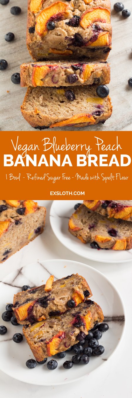 1 Bowl Blueberry Peach Vegan Banana Bread (made with spelt flour) | ExSloth.com