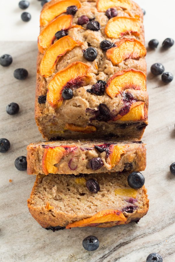1 Bowl Blueberry Peach Vegan Banana Bread (made with spelt flour) | ExSloth.com