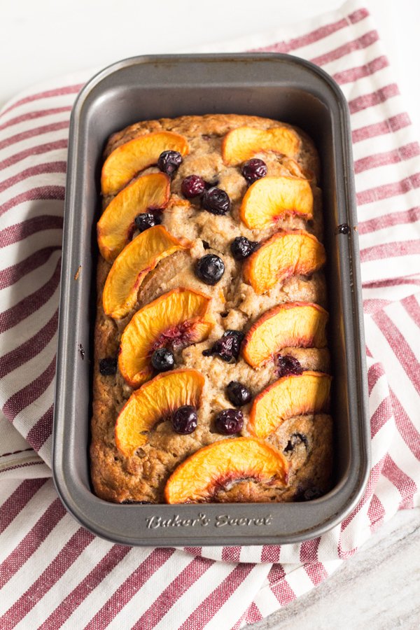 1 Bowl Blueberry Peach Vegan Banana Bread (made with spelt flour) | ExSloth.com