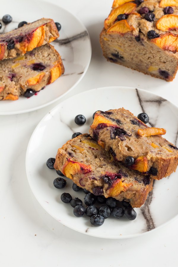 1 Bowl Blueberry Peach Vegan Banana Bread (made with spelt flour) | ExSloth.com