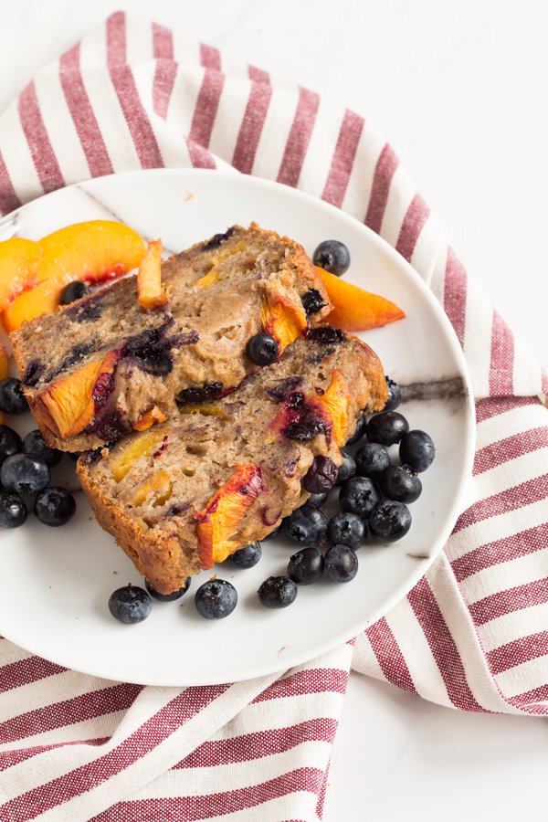 1 Bowl Blueberry Peach Vegan Banana Bread (made with spelt flour) | ExSloth.com