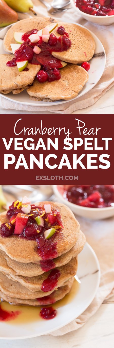 Cranberry Pear Vegan Spelt Pancakes ( the perfect fall breakfast made with light and whole spelt flour) via ExSloth.com