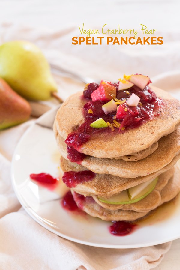 Cranberry Pear Vegan Spelt Pancakes ( the perfect fall breakfast made with light and whole spelt flour) via ExSloth.com