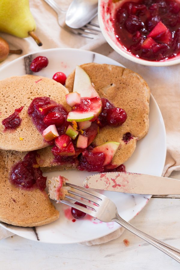 Cranberry Pear Vegan Spelt Pancakes ( the perfect fall breakfast made with light and whole spelt flour) via ExSloth.com