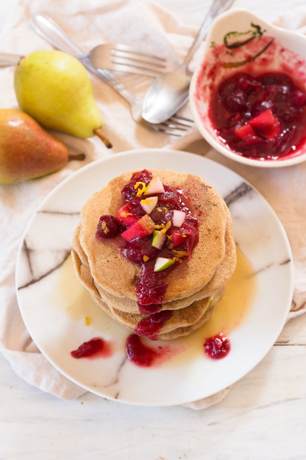 Cranberry Pear Vegan Spelt Pancakes ( the perfect fall breakfast made with light and whole spelt flour) via ExSloth.com