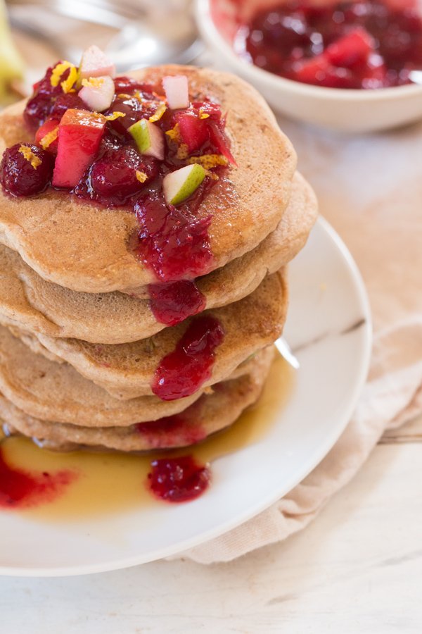 Cranberry Pear Vegan Spelt Pancakes ( the perfect fall breakfast made with light and whole spelt flour) via ExSloth.com