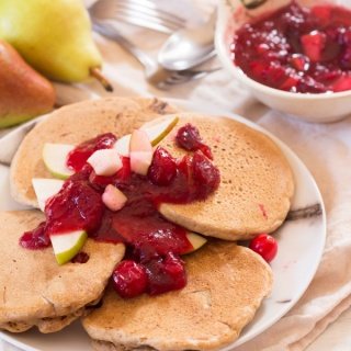 Cranberry Pear Vegan Spelt Pancakes ( the perfect fall breakfast made with light and whole spelt flour) via ExSloth.com