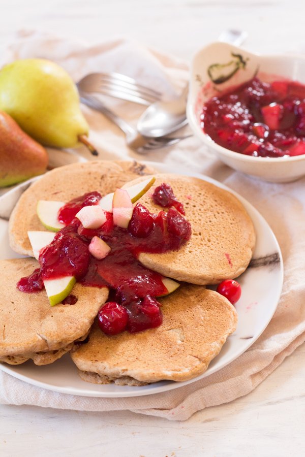 Cranberry Pear Vegan Spelt Pancakes ( the perfect fall breakfast made with light and whole spelt flour) via ExSloth.com