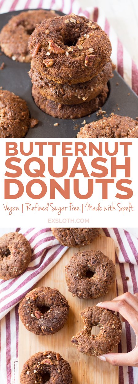 Vegan Baked Butternut Squash Donuts (made with spelt flour and refined sugar free) via ExSloth.com