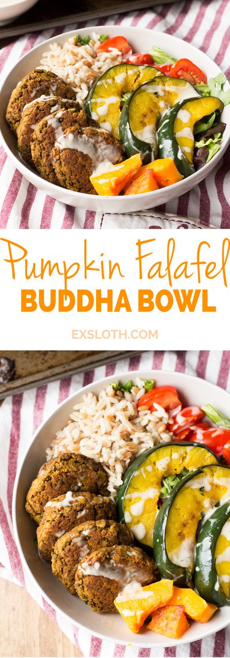 This 30 minute pumpkin falafel buddha bowl is bursting with fall flavour, fibre and lots of plant-based goodness via ExSloth.com