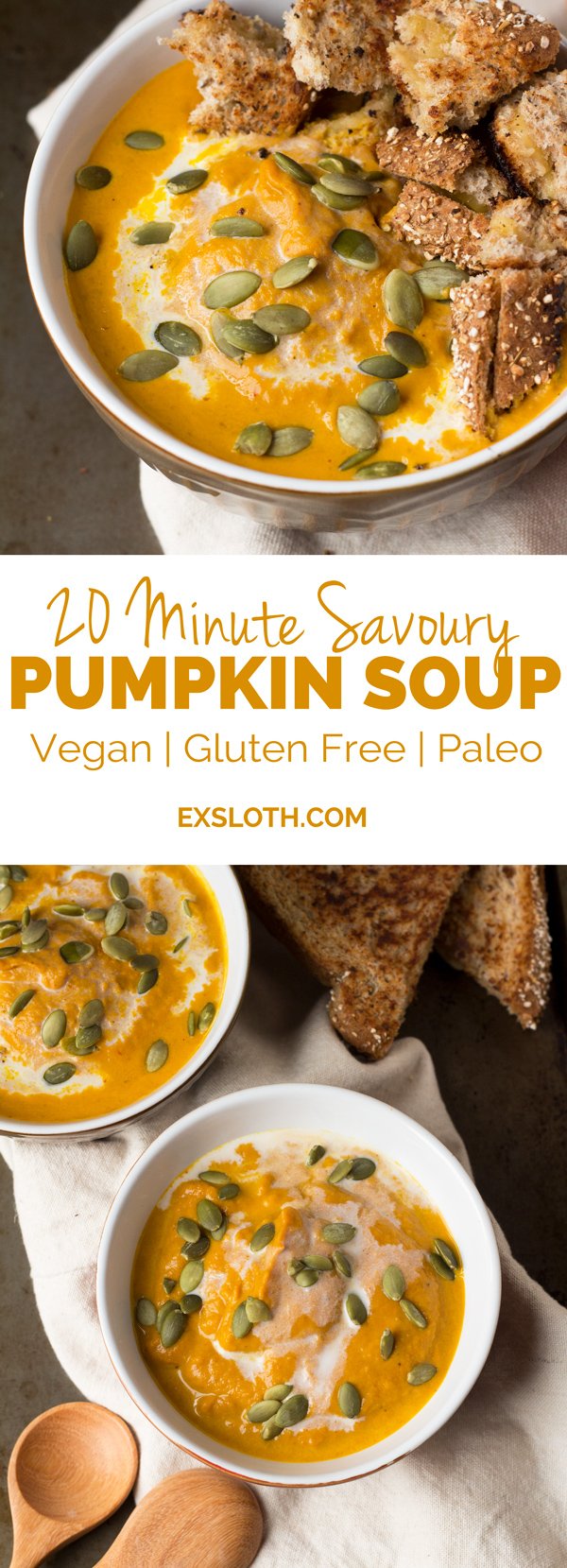 20 minute savoury pumpkin soup that's a little spicy but just as cozy and creamy as the original (vegan | gluten free | paleo) via ExSloth.com