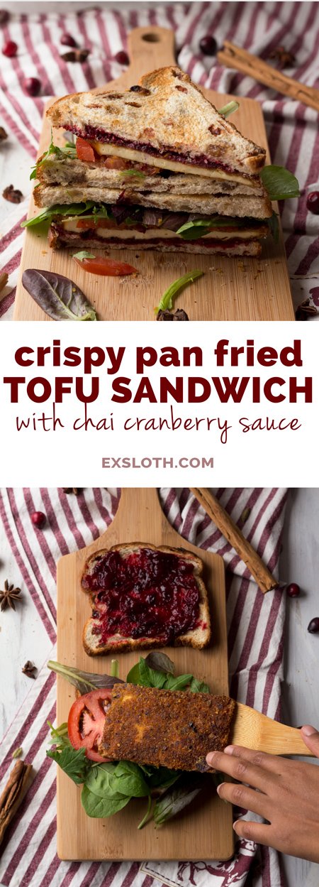 Crispy pan fried tofu with chai cranberry sauce (a vegan version of the classic Christmas or Thanksgiving leftovers sandwich) via ExSloth.com