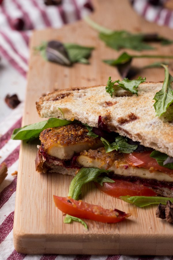 Crispy pan fried tofu with chai cranberry sauce (a vegan version of the classic Christmas or Thanksgiving leftovers sandwich) via ExSloth.com