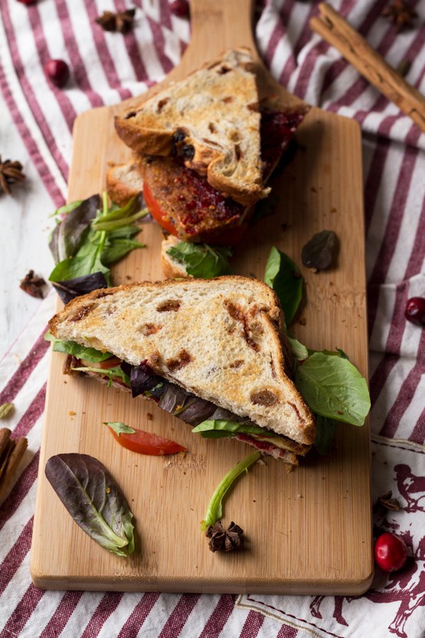 Crispy pan fried tofu with chai cranberry sauce (a vegan version of the classic Christmas or Thanksgiving leftovers sandwich) via ExSloth.com