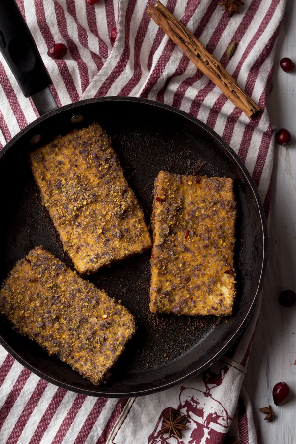 Crispy pan fried tofu with chai cranberry sauce (a vegan version of the classic Christmas or Thanksgiving leftovers sandwich) via ExSloth.com