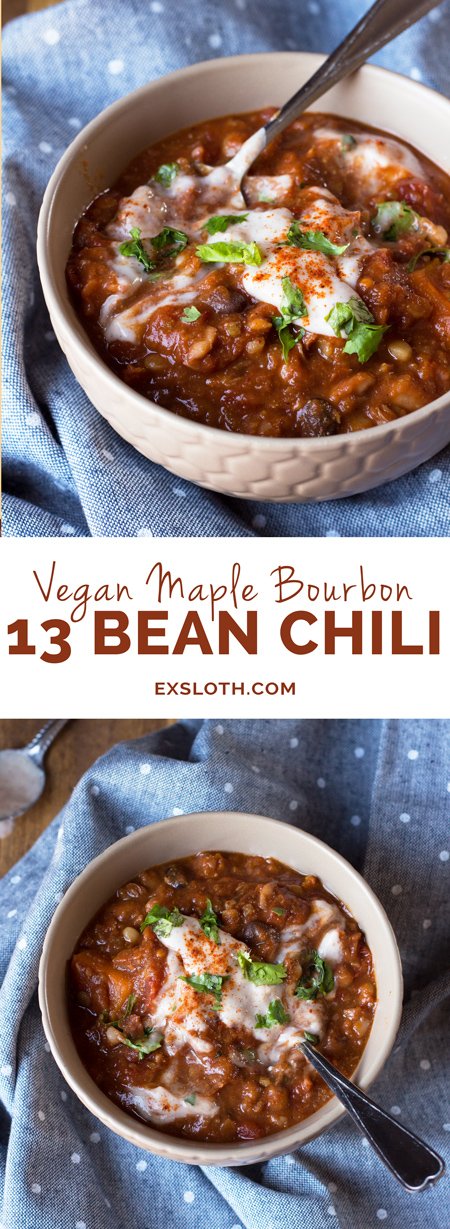 Vegan Maple Bourbon Chili (made with 13 bean soup mix and maple water) via ExSloth.com