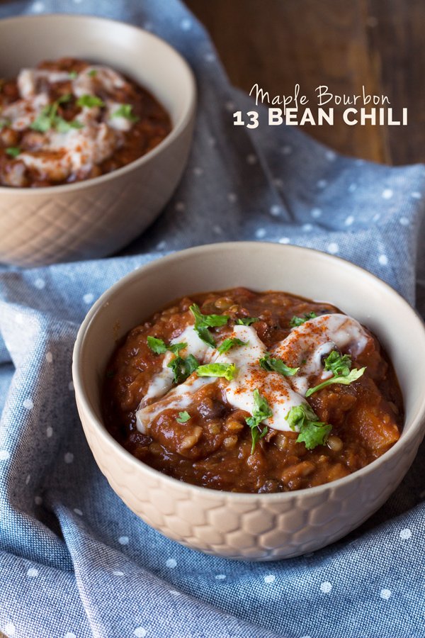 Vegan Maple Bourbon Chili (made with 13 bean soup mix and maple water) via ExSloth.com